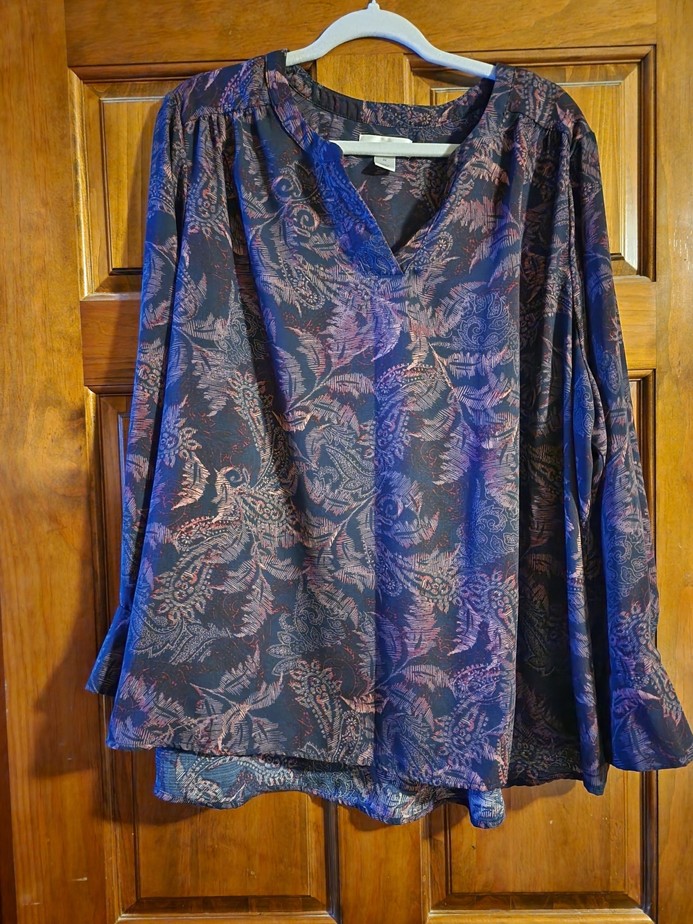 CJ Banks Women's Paisley V-Neck Long Sleeve Blouse - Navy & Lavendar